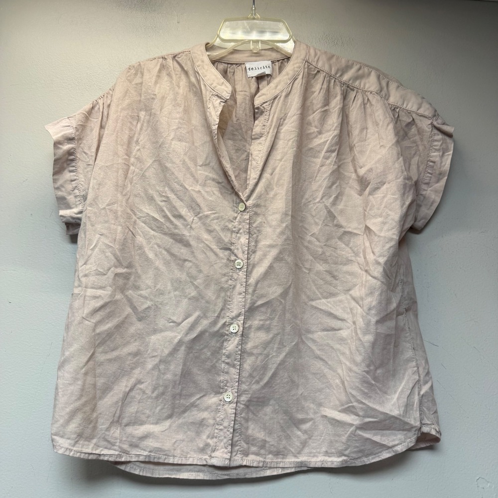 Felicite Button Down Top Womens 2 Blush Pink Excellent Band Collar Short Sleeve